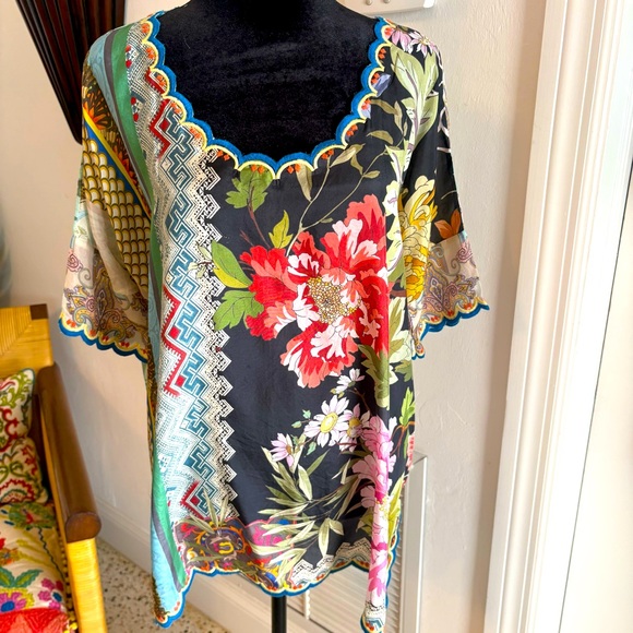 JOHNNY WAS Loren Silk Floral & Birds Print Loose Top! Fav JW Print! Excellent M - Picture 1 of 16